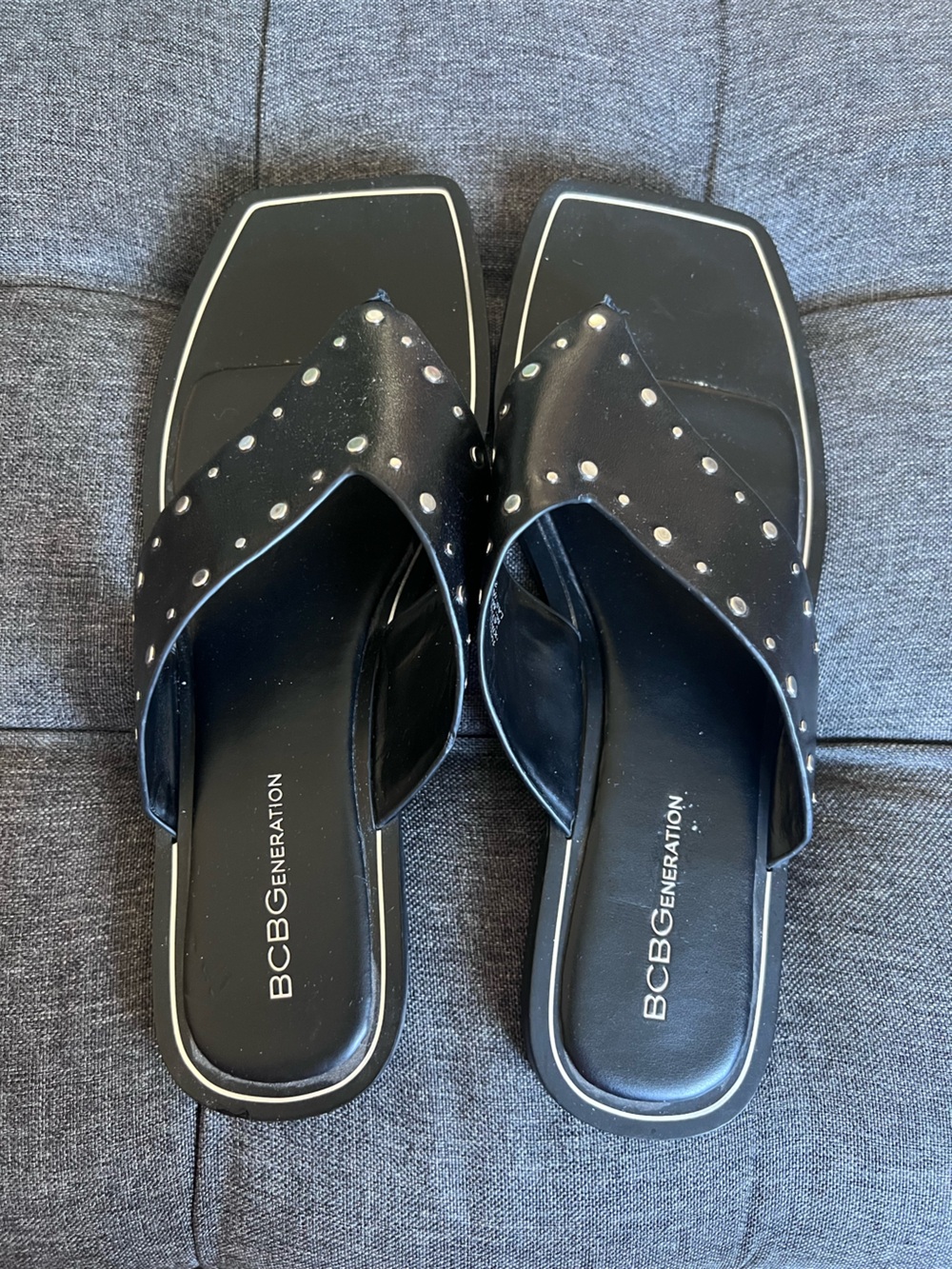 BCBGeneration Black Studded Square-Toe Slide Sandals